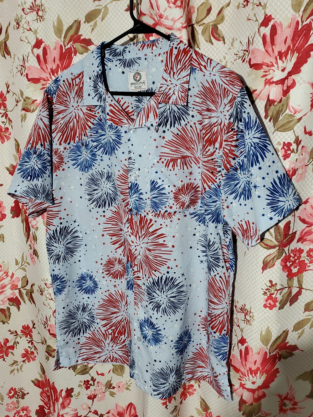 Revolution Light Blue Short-Sleeve Button-Down with Red & Blue Firework Print